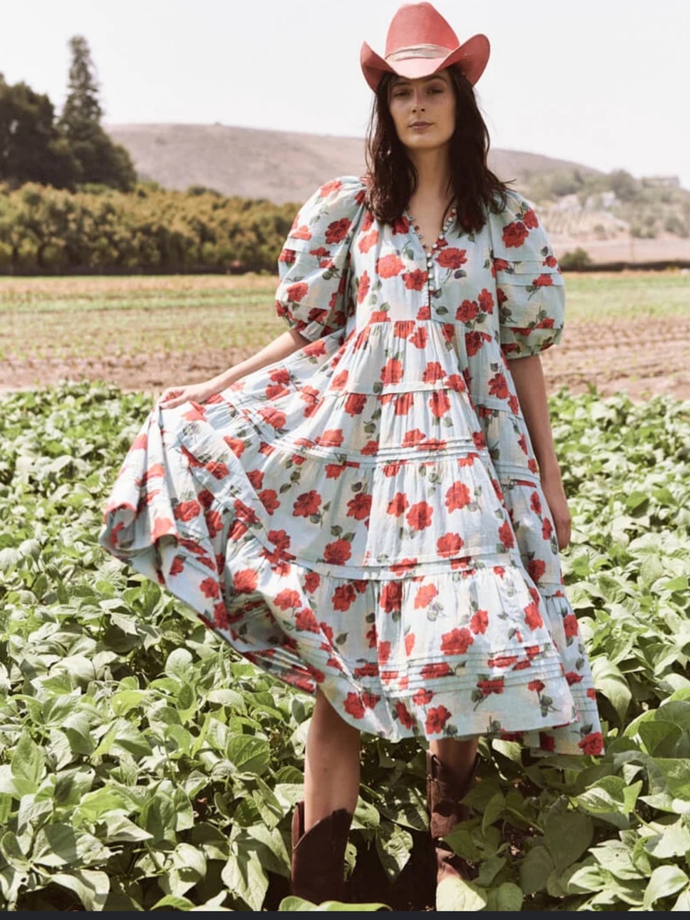 The Great Pleated Ravine Midi Dress Western Rose pearl button cotton - Picture 3 of 14